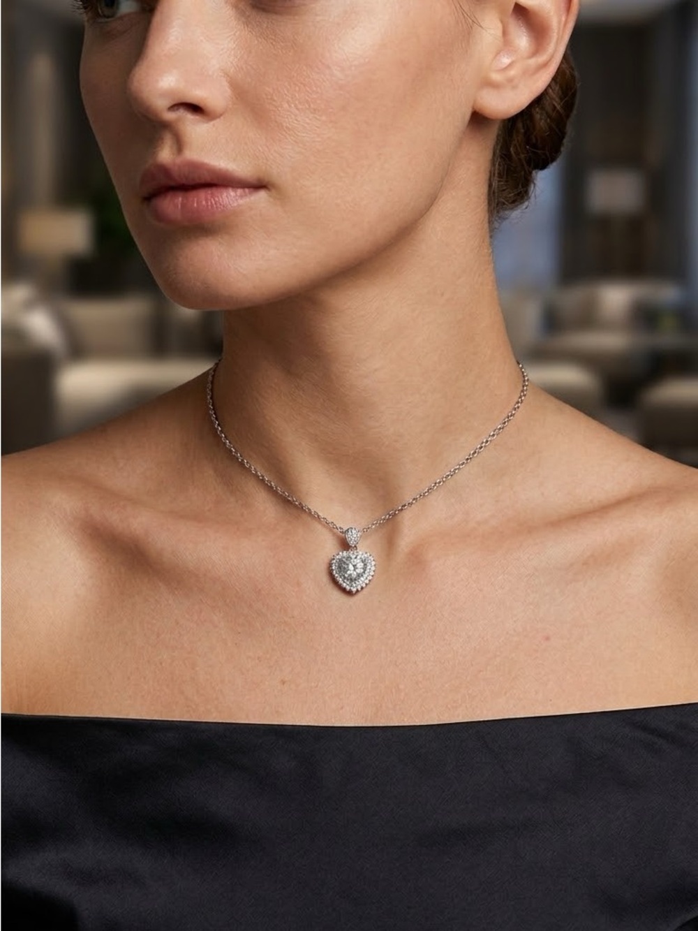 2Ct Moissanite Heart Halo Pendant Necklace - 925 Silver